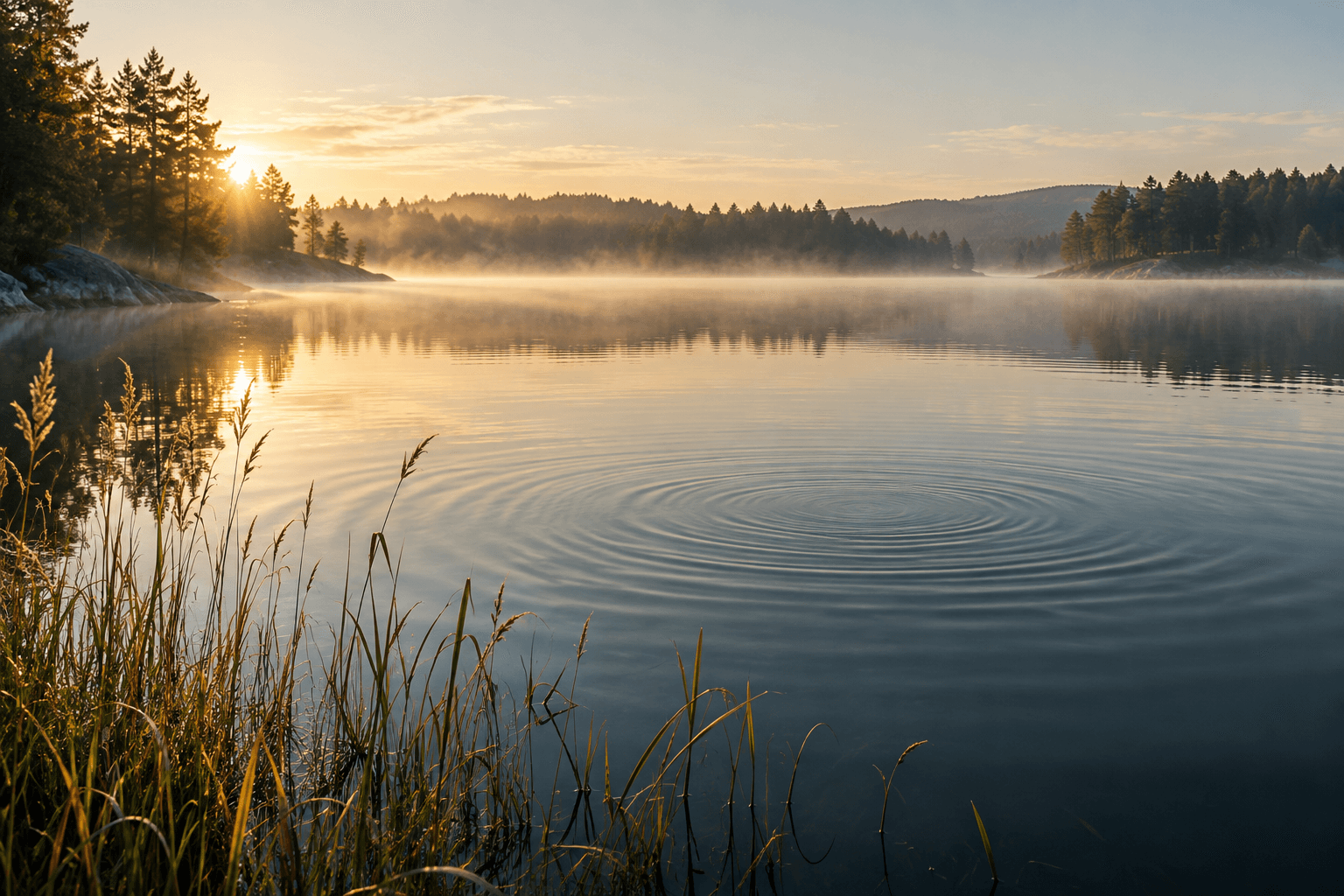 Tyyni järvimaisema auringonnousussa; vedenpinnalla leviävät renkaat ja rannalla kaislikkoa.